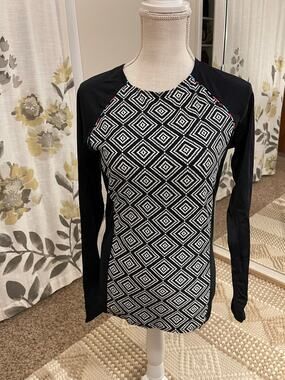 Long Sleeve Rash Guard Swim Shirt Black‎ White Geometric Womens Large Title 9